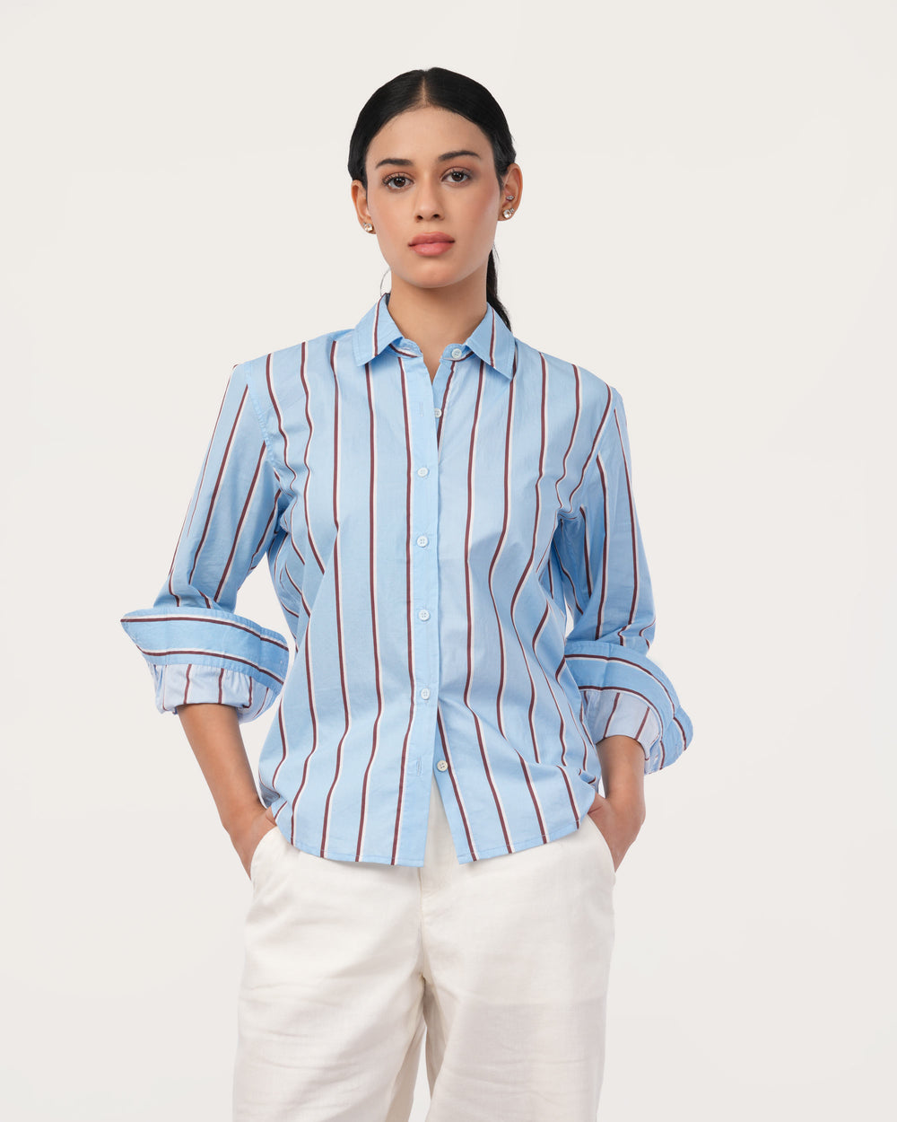 Blue Striped Poplin Shirt for Women