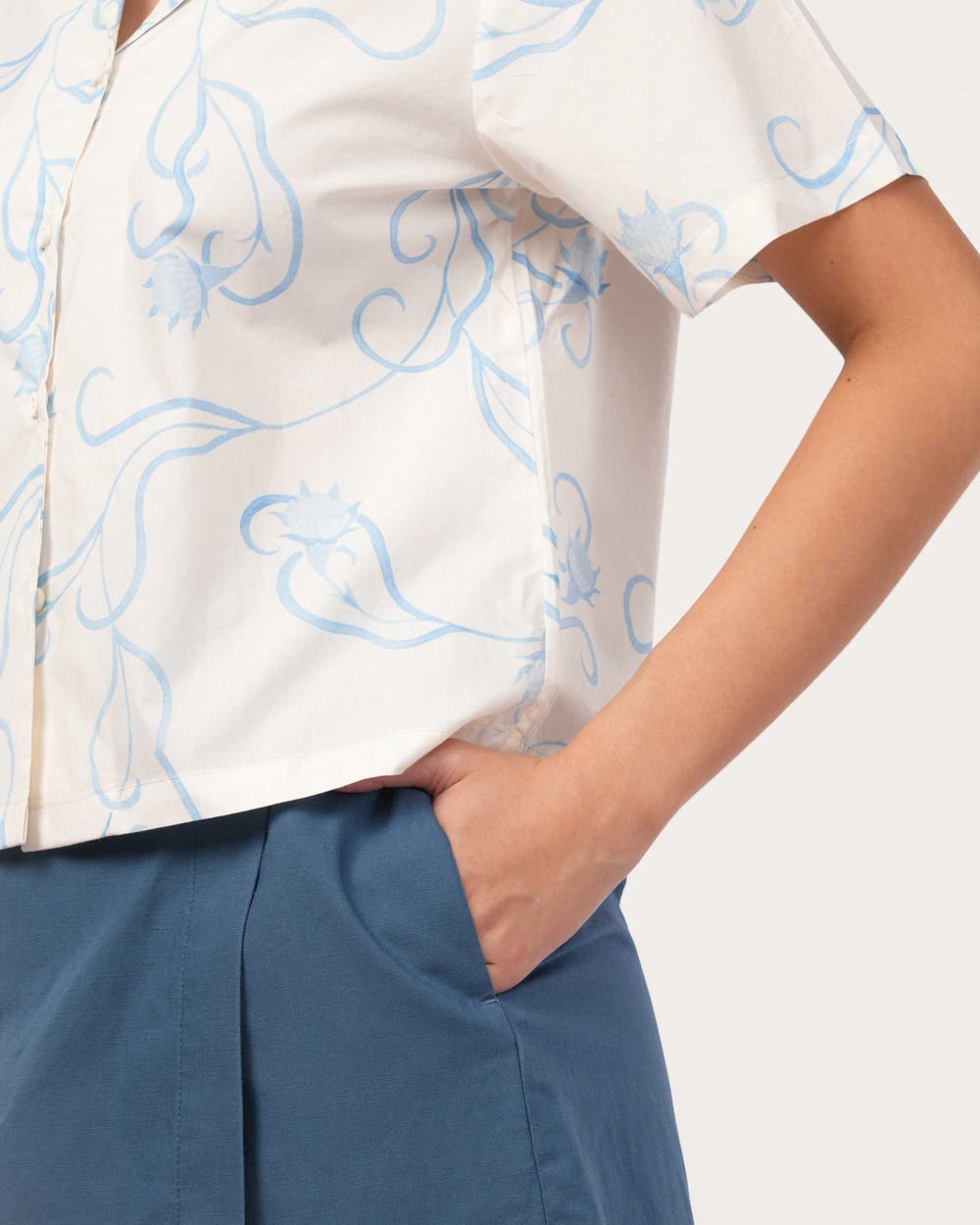 Off White Floral Poplin Cuban Collar Shirt for Women