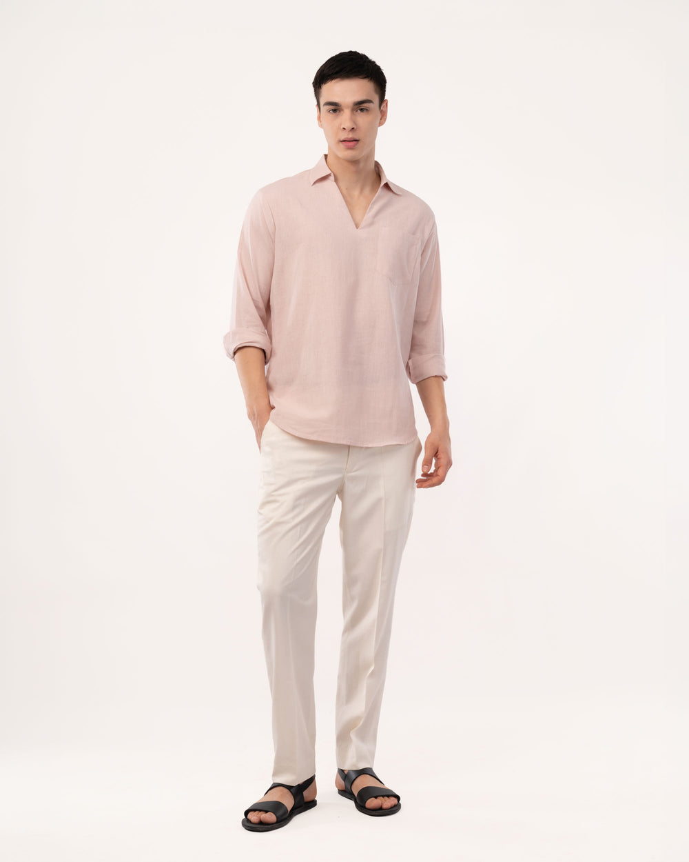 Peach Linen Popover Shirt for Men