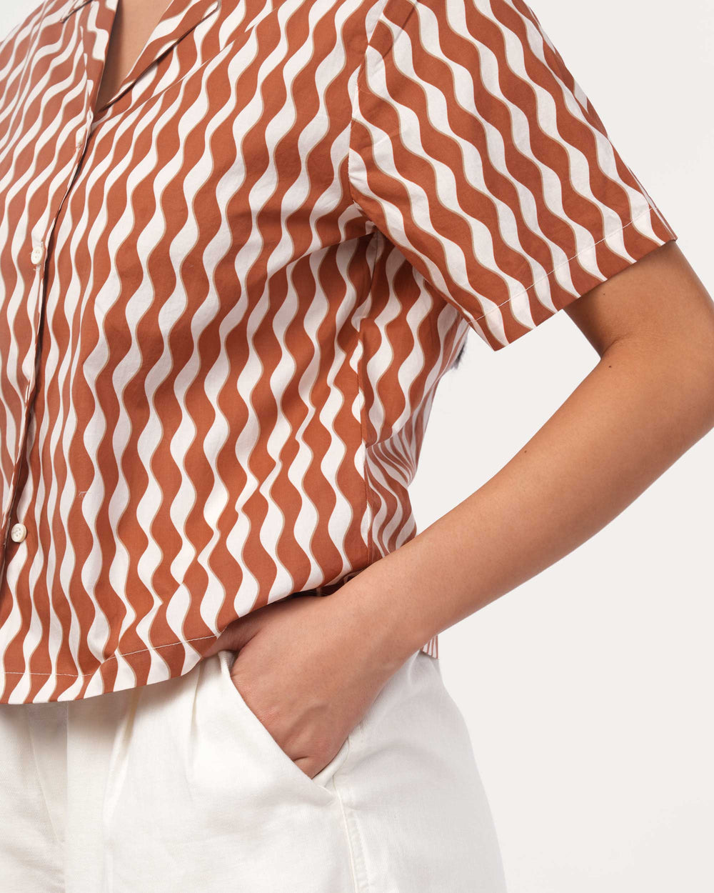 Rust Printed Poplin Cuban Collar Shirt for Women