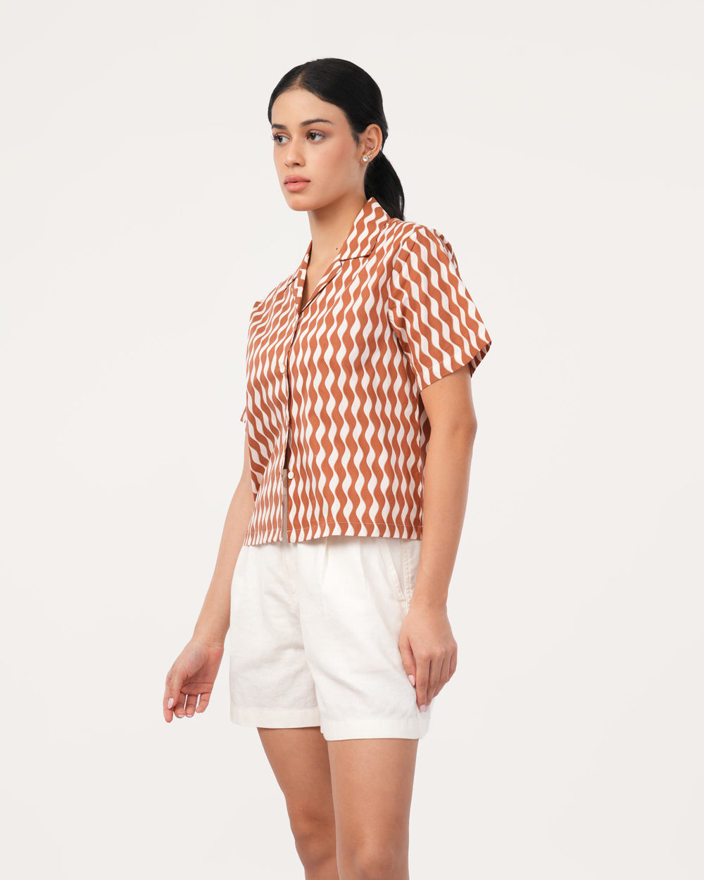 Rust Printed Poplin Cuban Collar Shirt for Women
