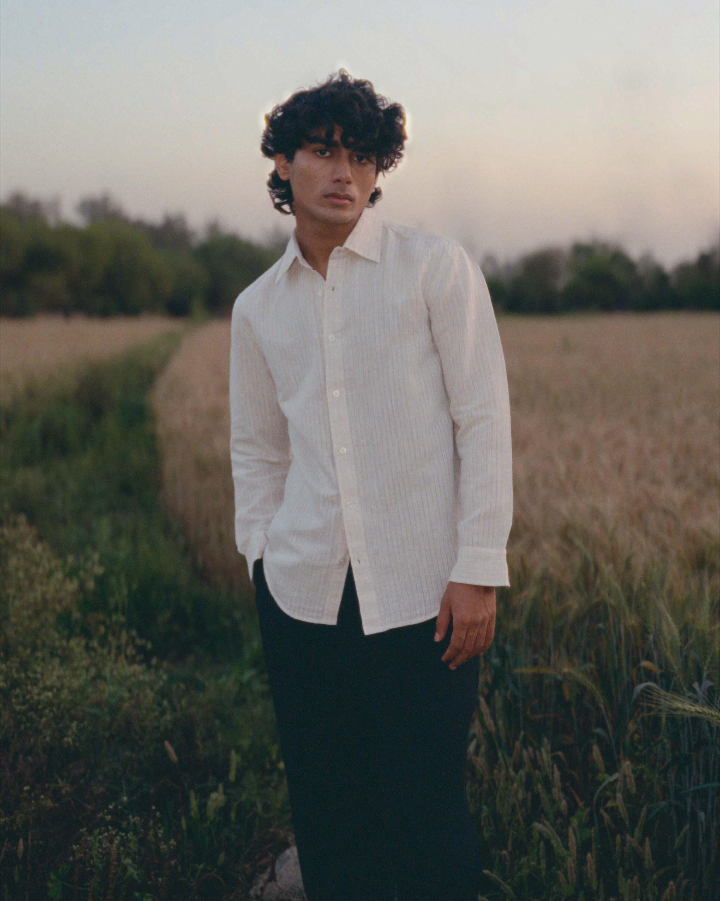 Ecru Handspun Linen Stripe Long Sleeve Shirt