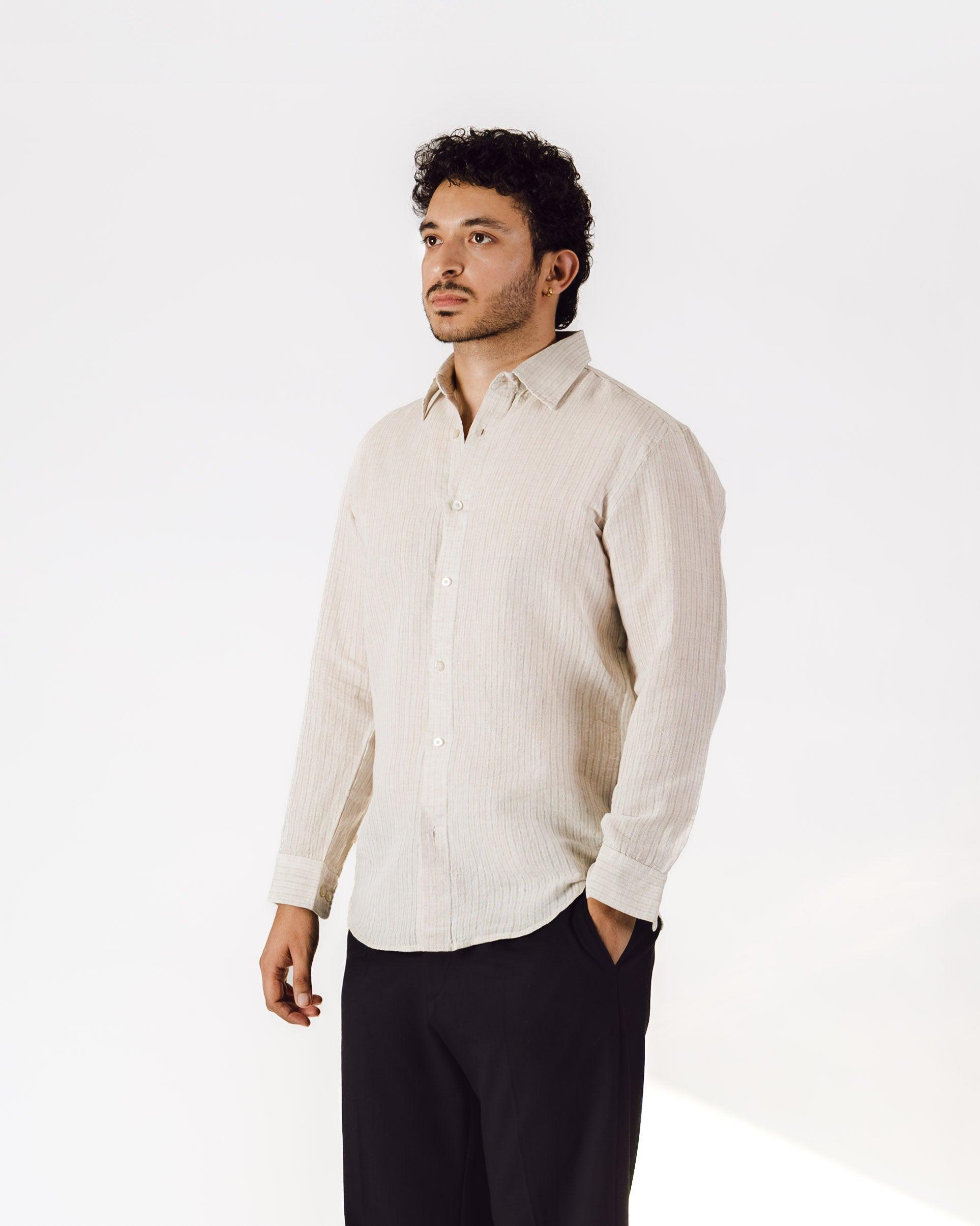 Ecru Handspun Linen Stripe Long Sleeve Shirt