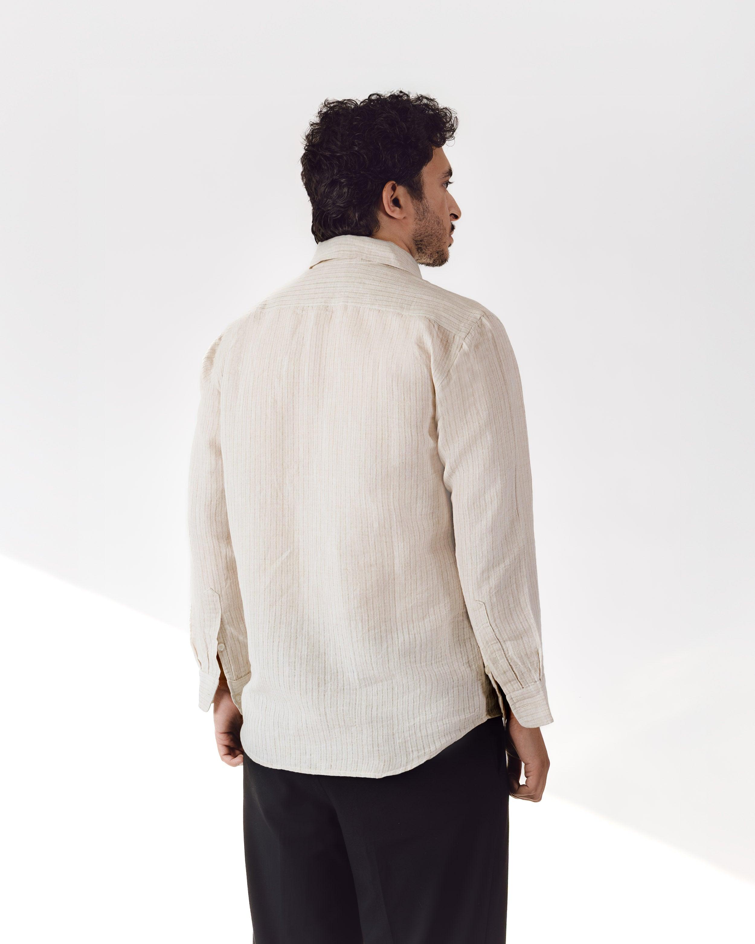 Ecru Handspun Linen Stripe Long Sleeve Shirt