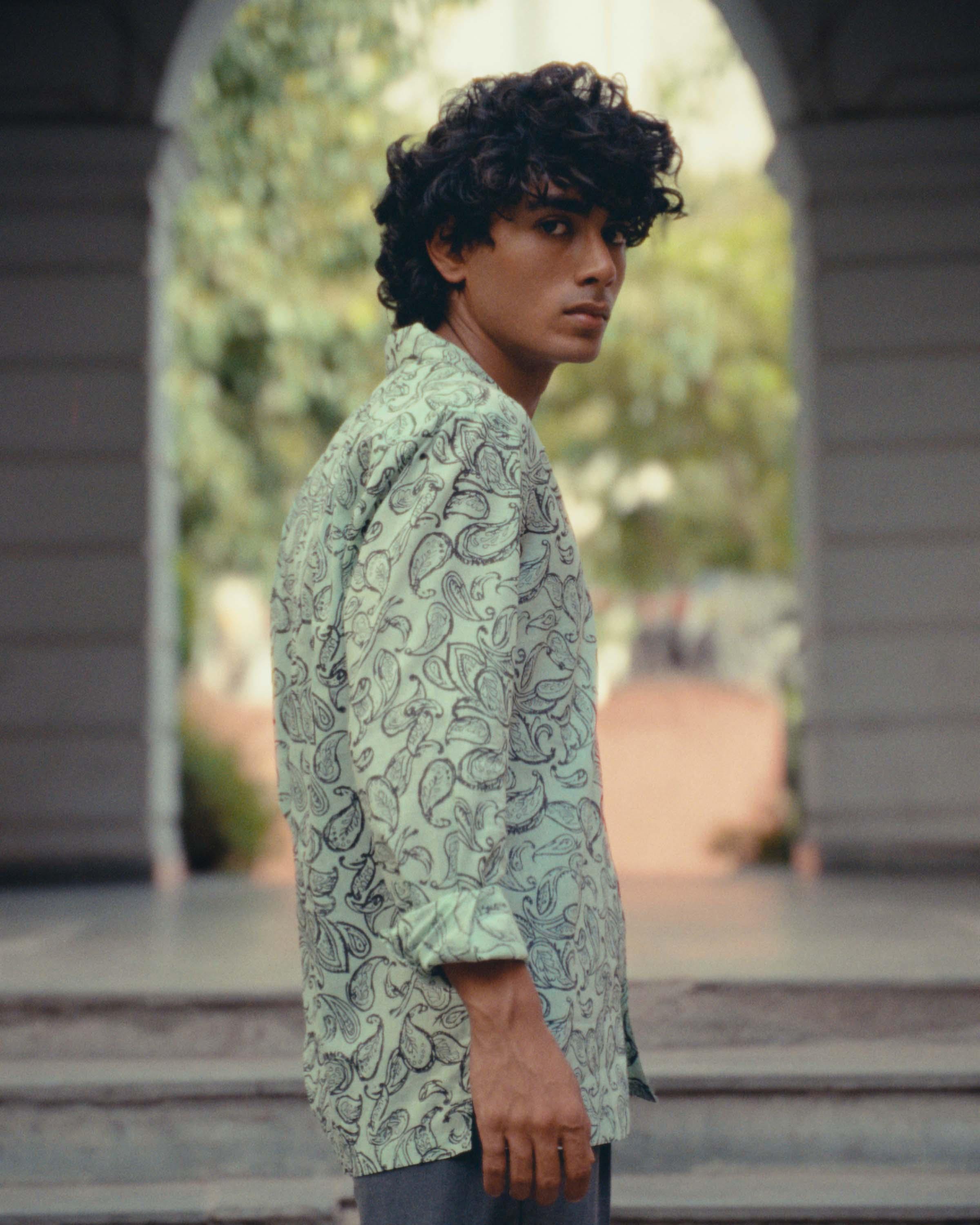 Mint Green Voile Block Print Camp Collar Long Sleeve Shirt