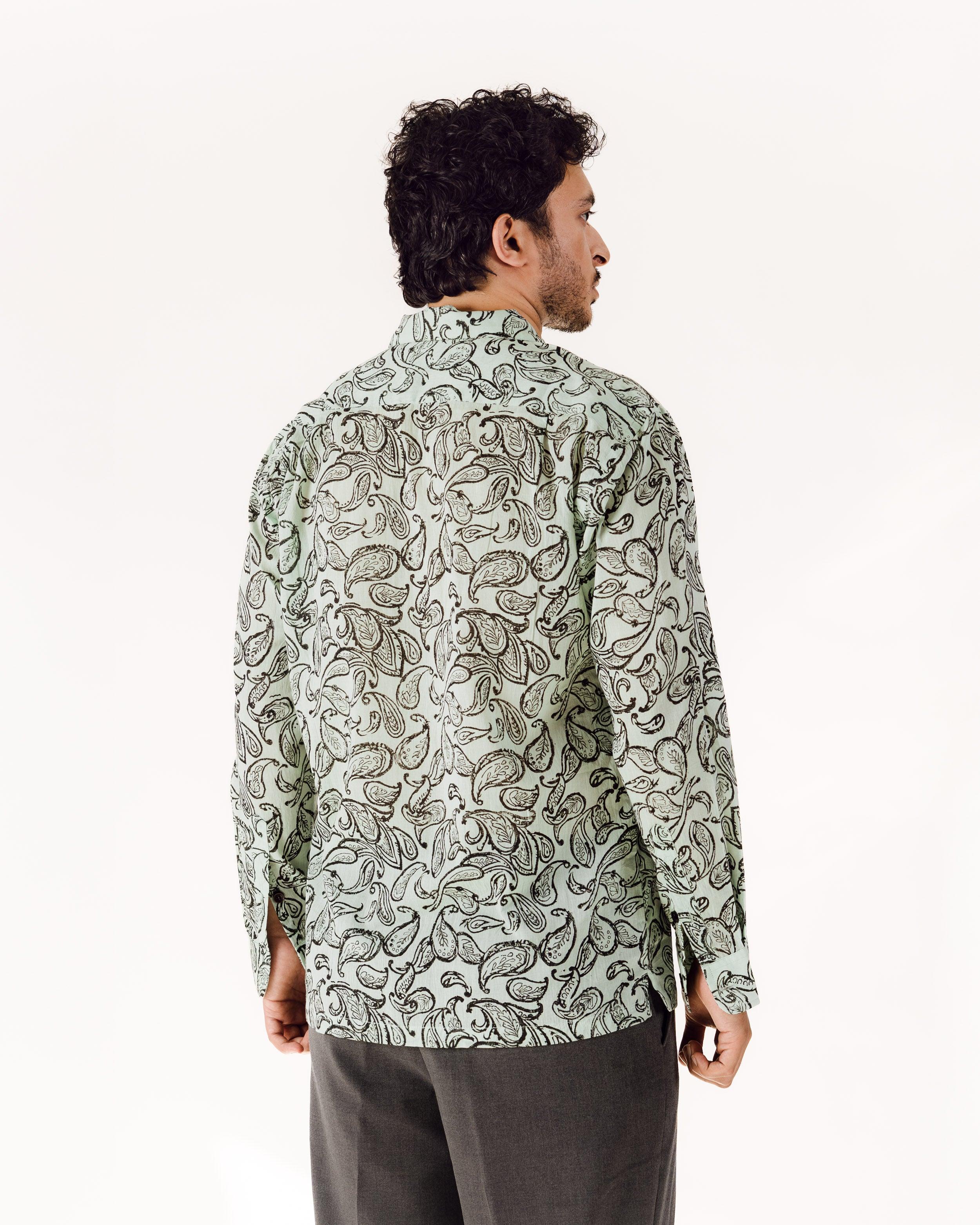 Mint Green Voile Block Print Camp Collar Long Sleeve Shirt