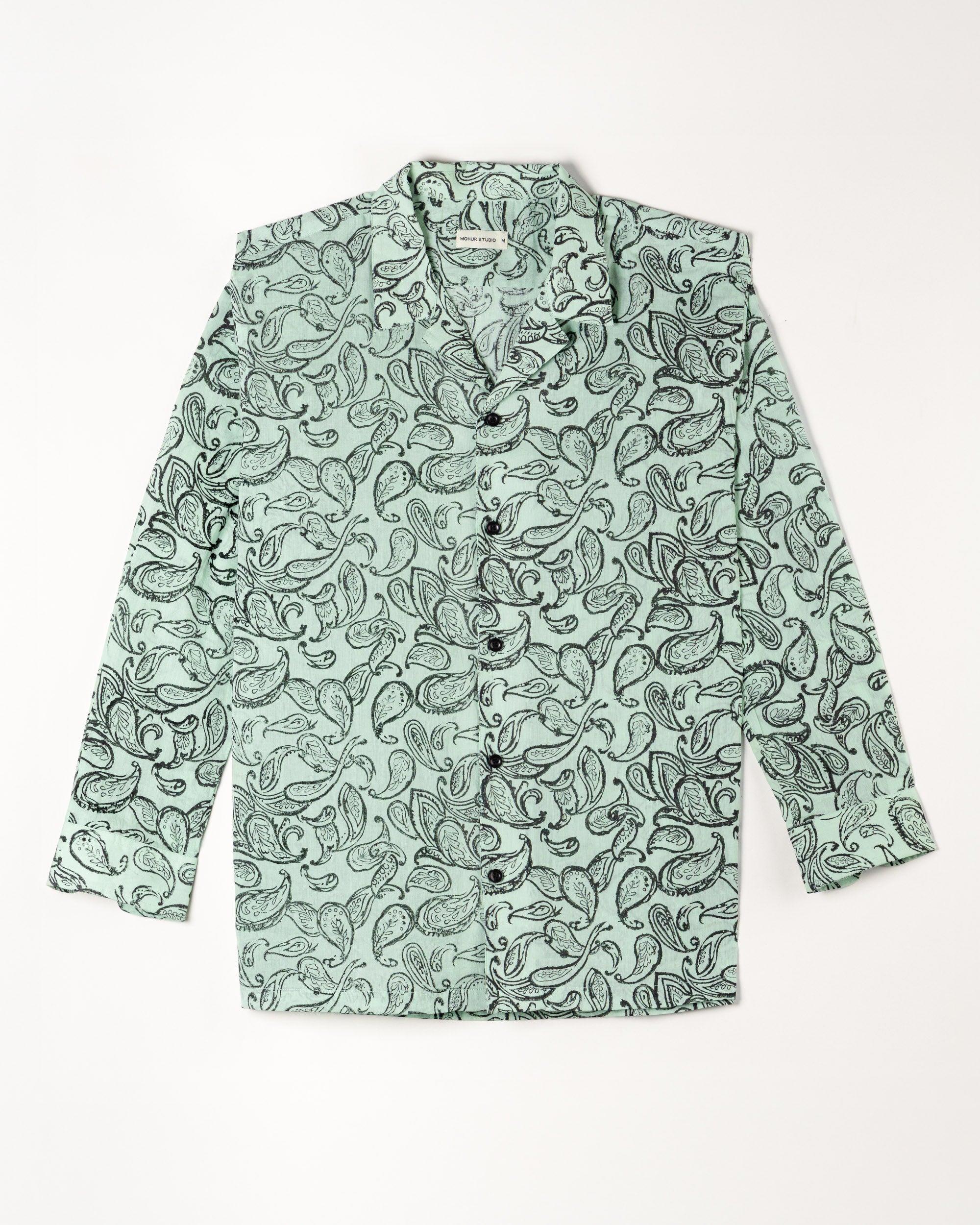 Mint Green Voile Block Print Camp Collar Long Sleeve Shirt