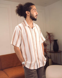 White with Red stripes Handloom Cotton Camp Collar Short Sleeve Shirt