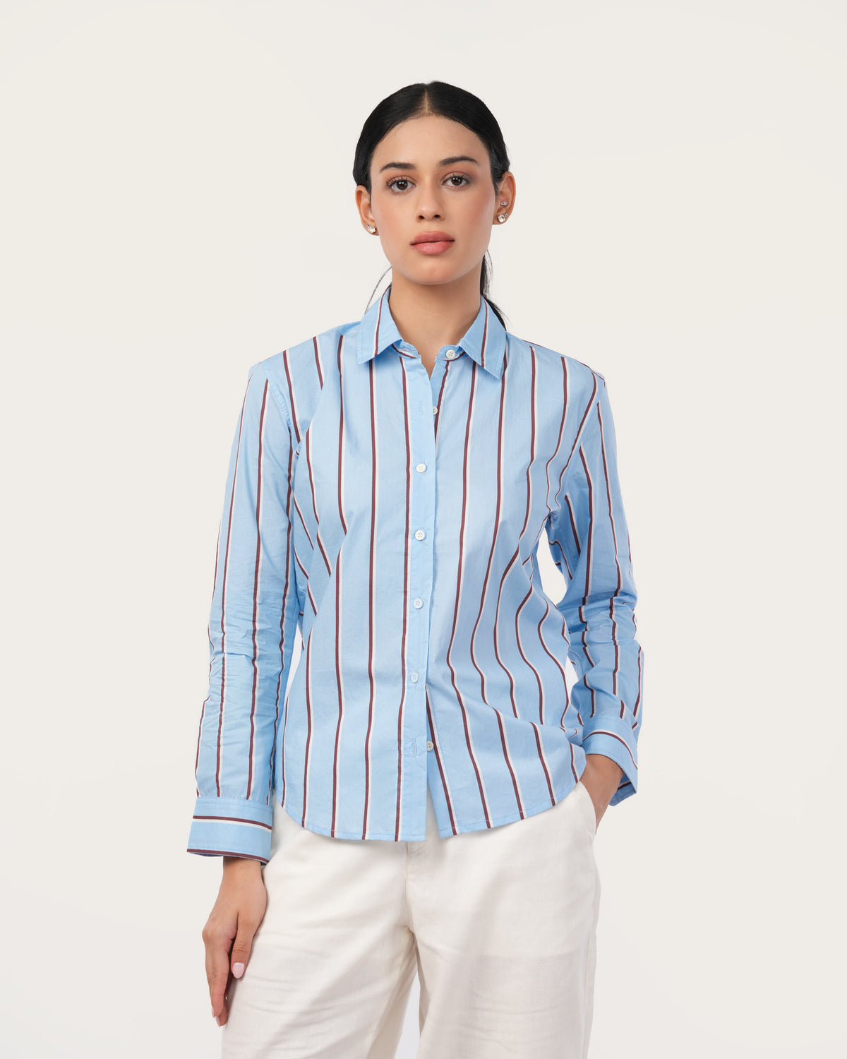 Blue Striped Poplin Shirt for Women