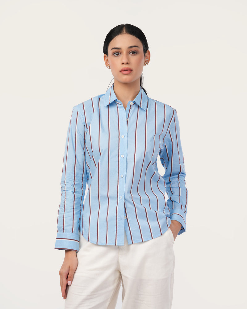 Blue Striped Poplin Shirt for Women