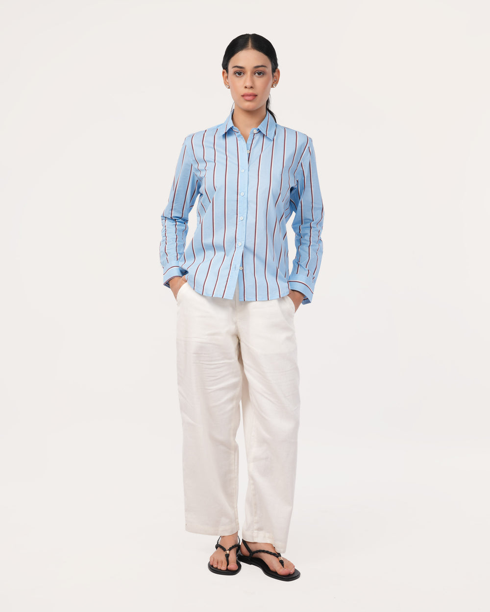 Blue Striped Poplin Shirt for Women