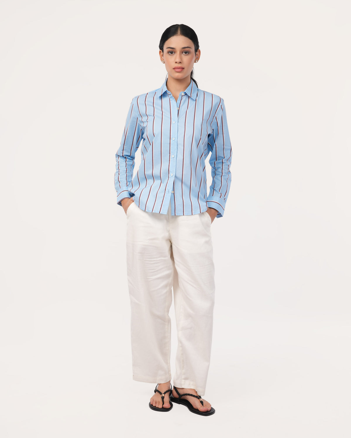 Blue Striped Poplin Shirt for Women