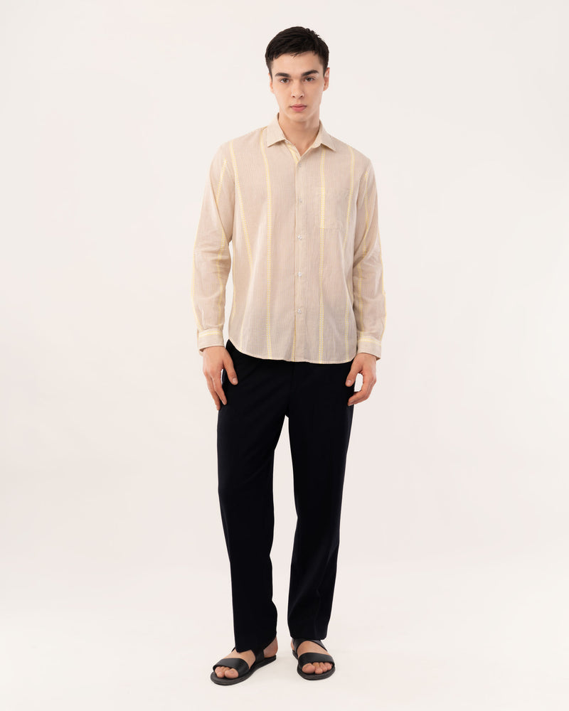 Brown Embroidered Striped Cotton Shirt for Men