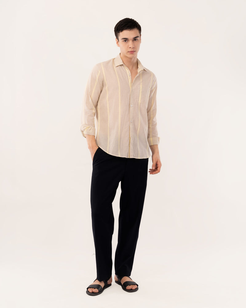 Brown Embroidered Striped Cotton Shirt for Men