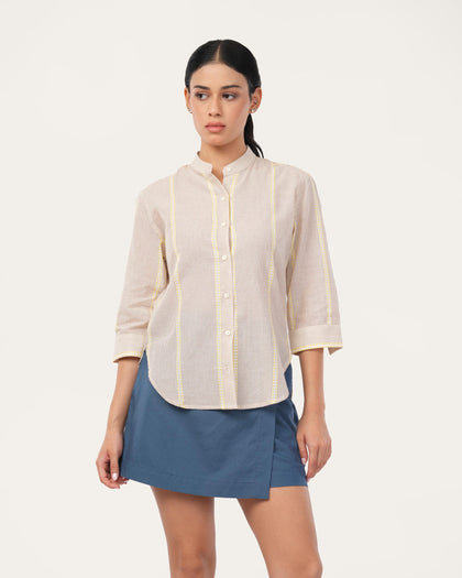 Brown Embroidered Striped Cotton Shirt for Women