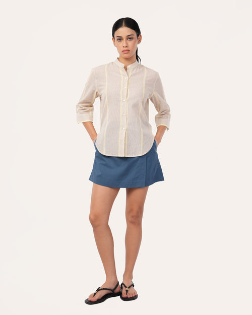 Brown Embroidered Striped Cotton Shirt for Women