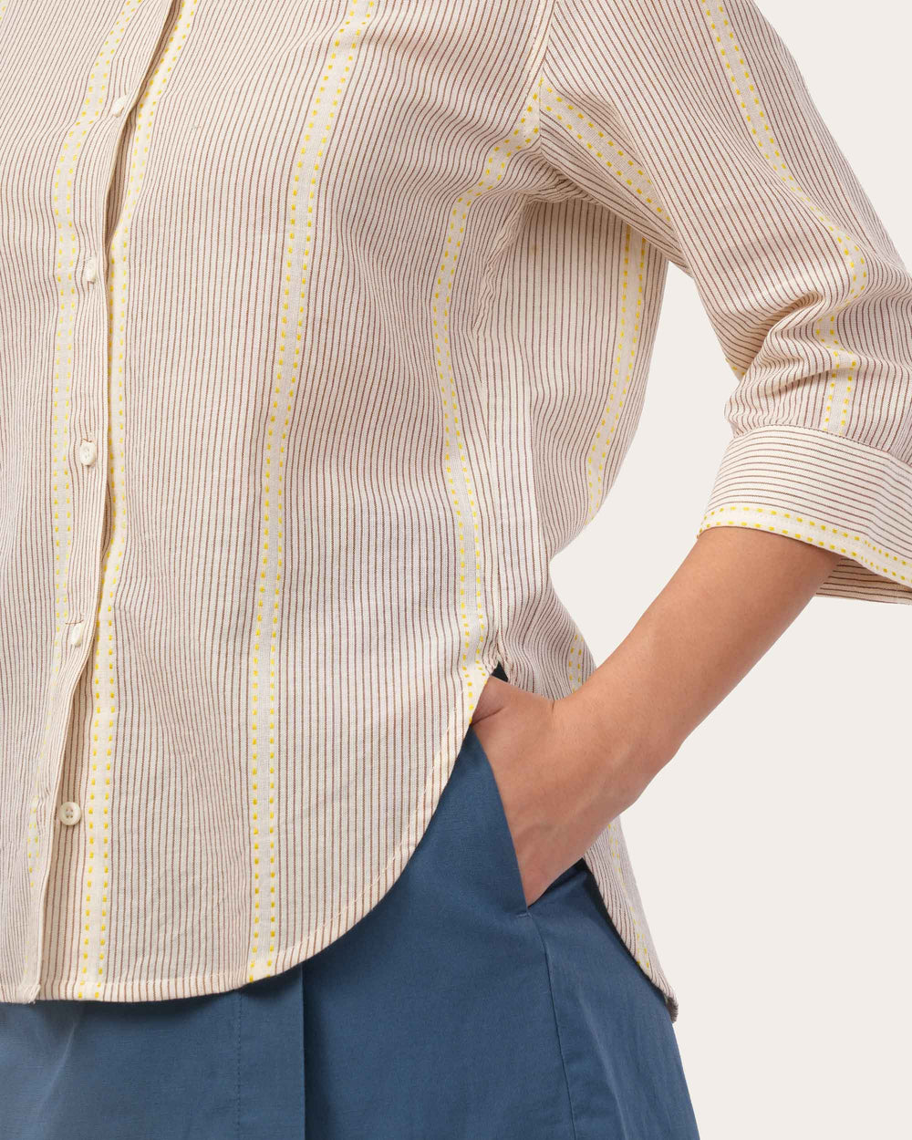 Brown Embroidered Striped Cotton Shirt for Women