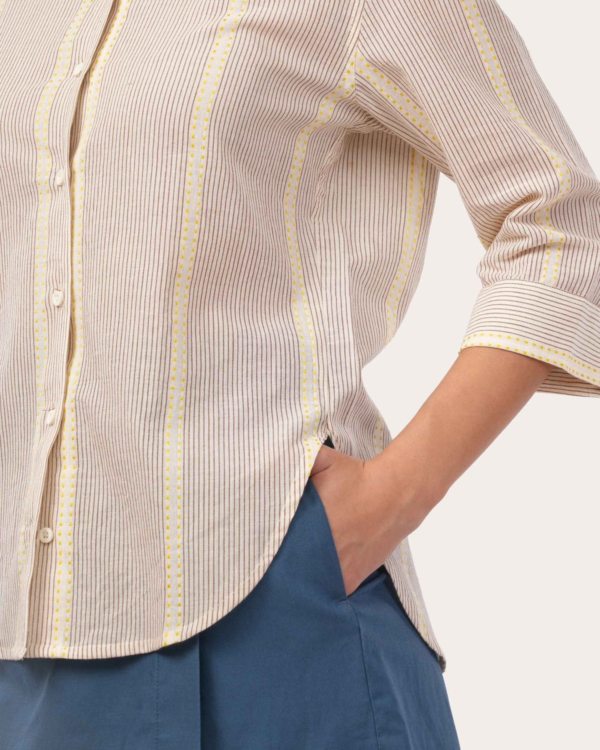 Brown Embroidered Striped Cotton Shirt for Women