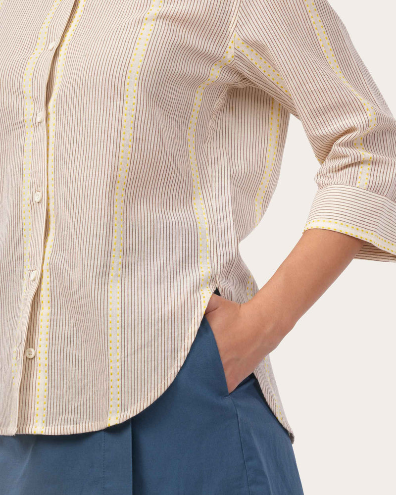 Brown Embroidered Striped Cotton Shirt for Women