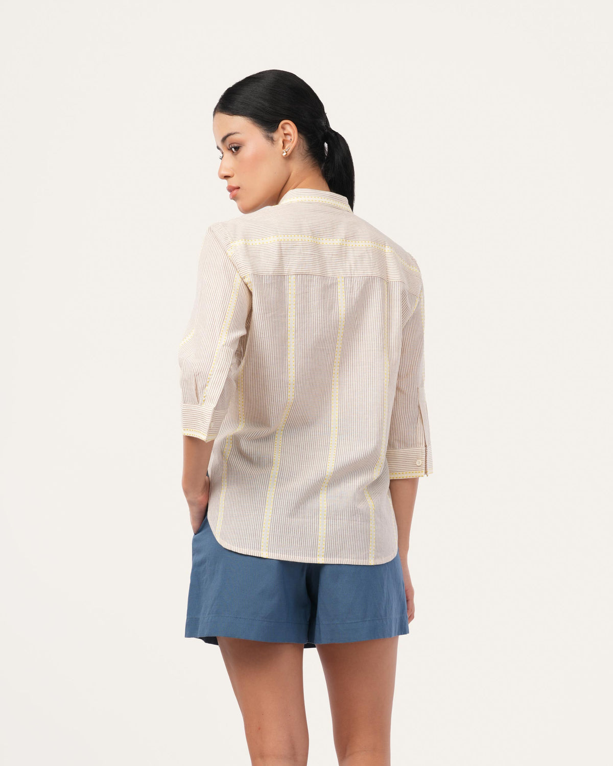 Brown Embroidered Striped Cotton Shirt for Women