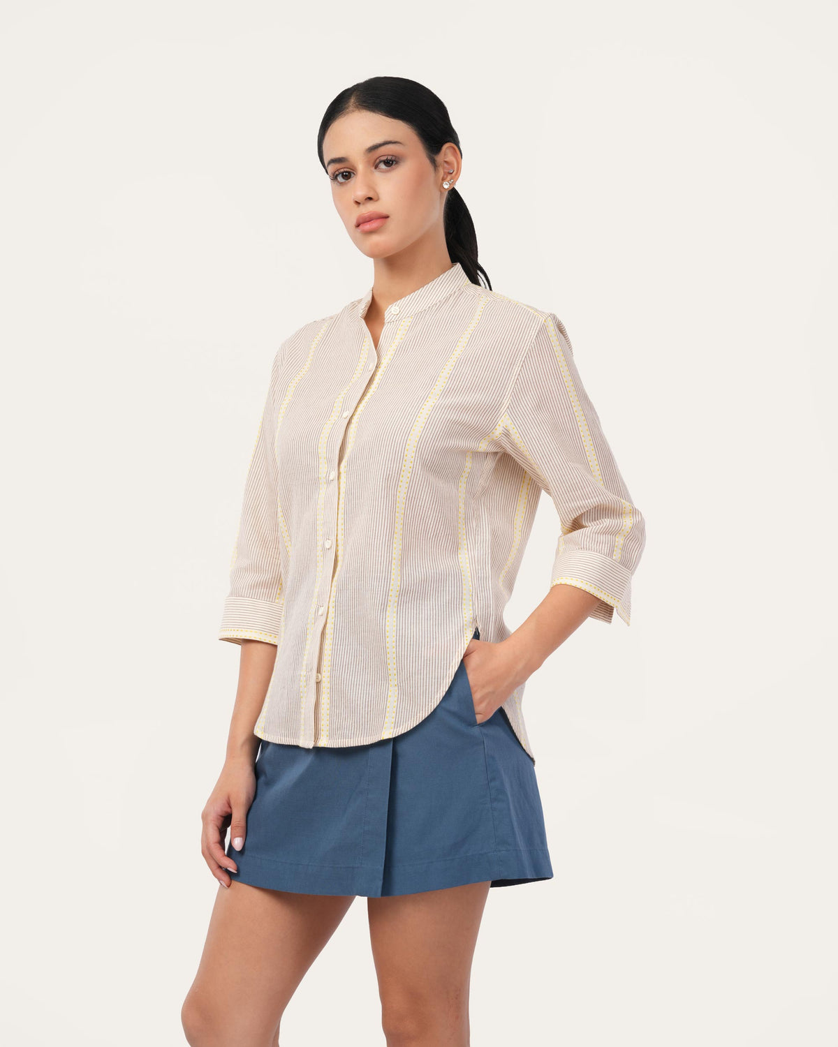 Brown Embroidered Striped Cotton Shirt for Women