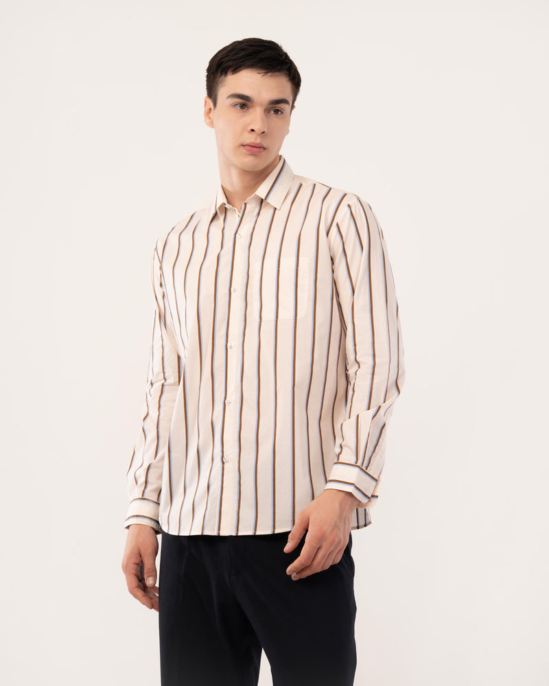 Cream Striped Poplin Shirt for Men