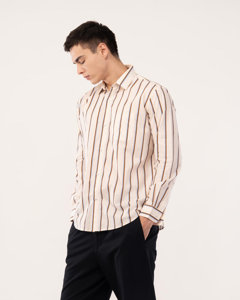 Cream Striped Poplin Shirt for Men
