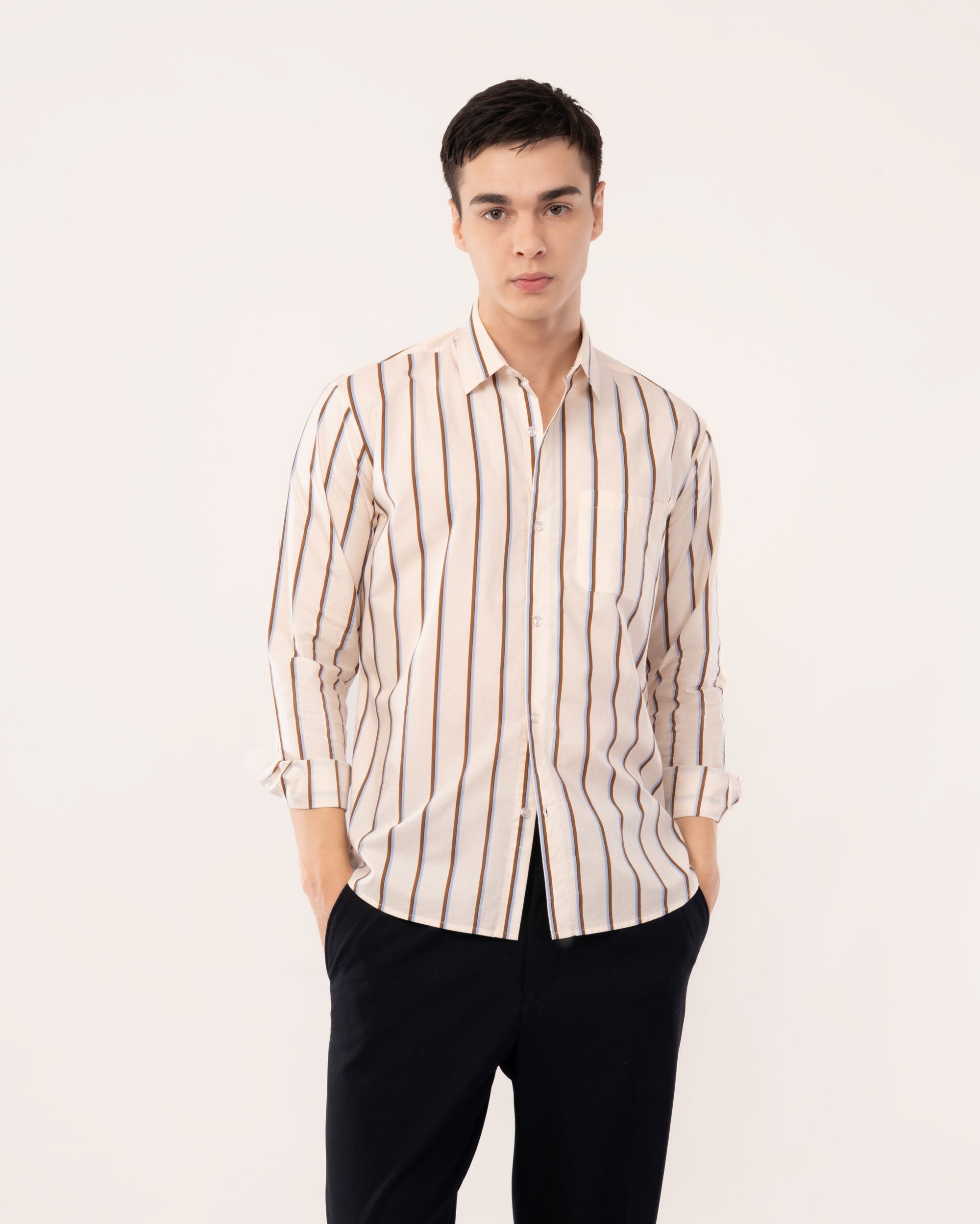 Cream Striped Poplin Shirt for Men