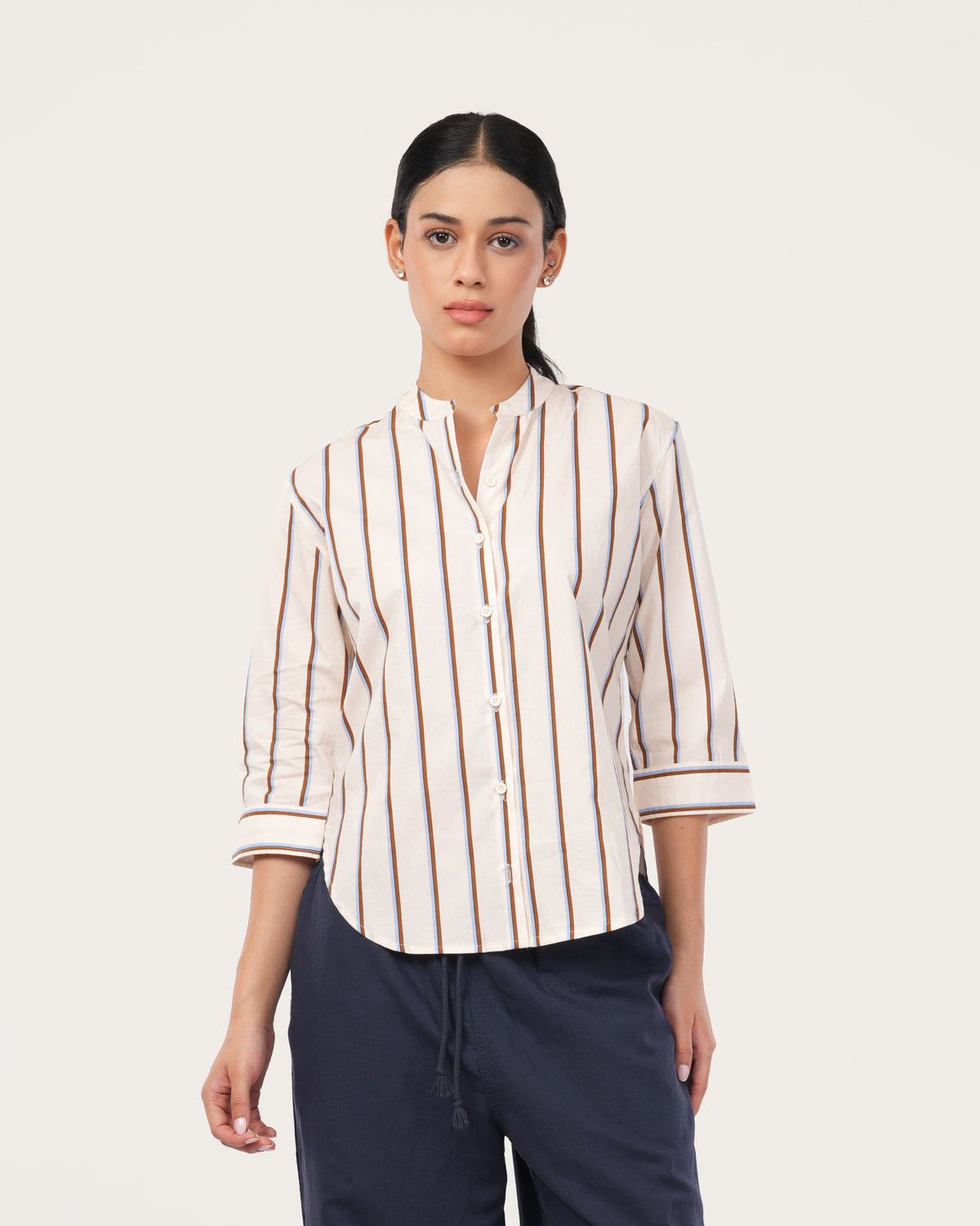 Cream Striped Poplin Shirt for Women
