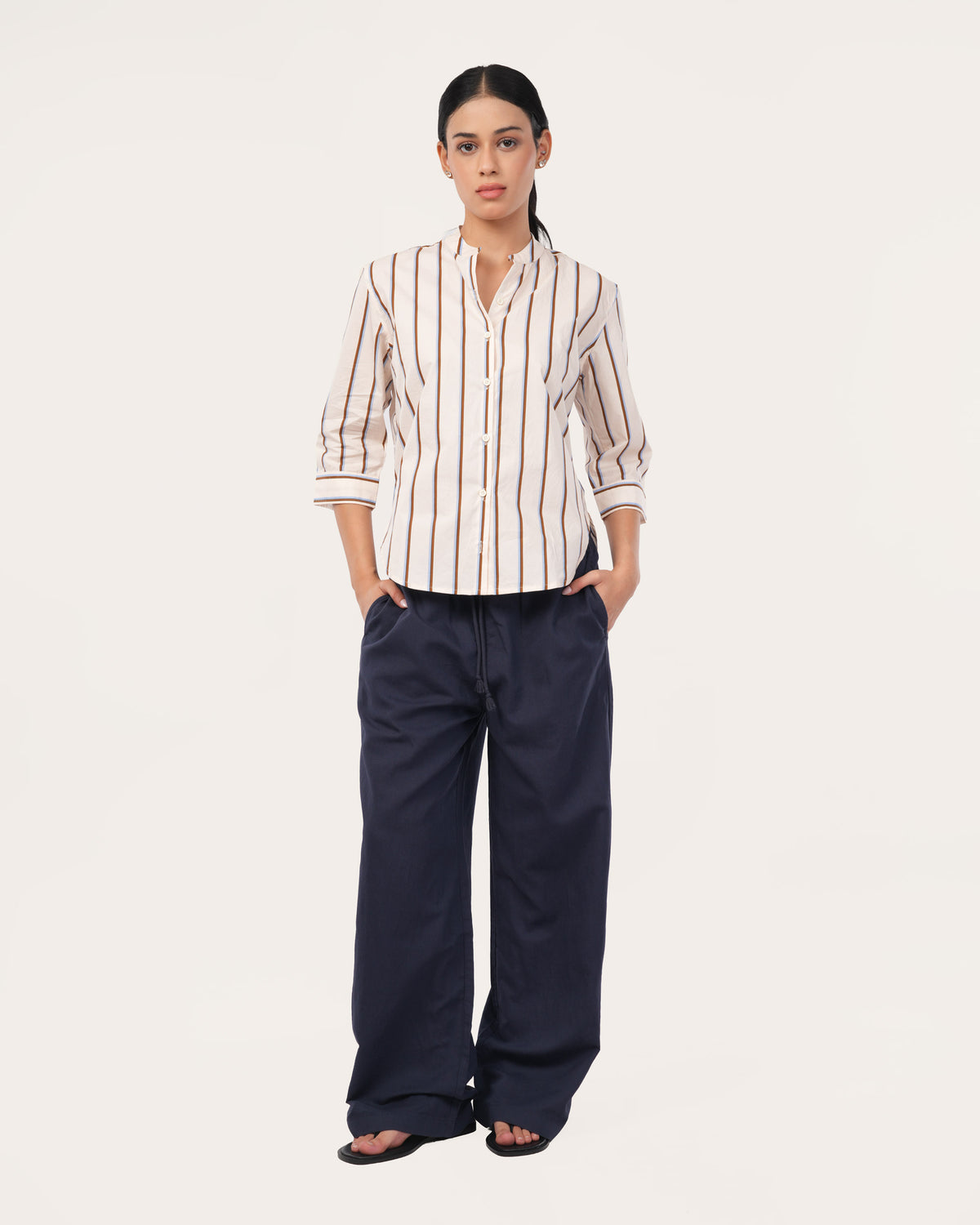 Cream Striped Poplin Shirt for Women