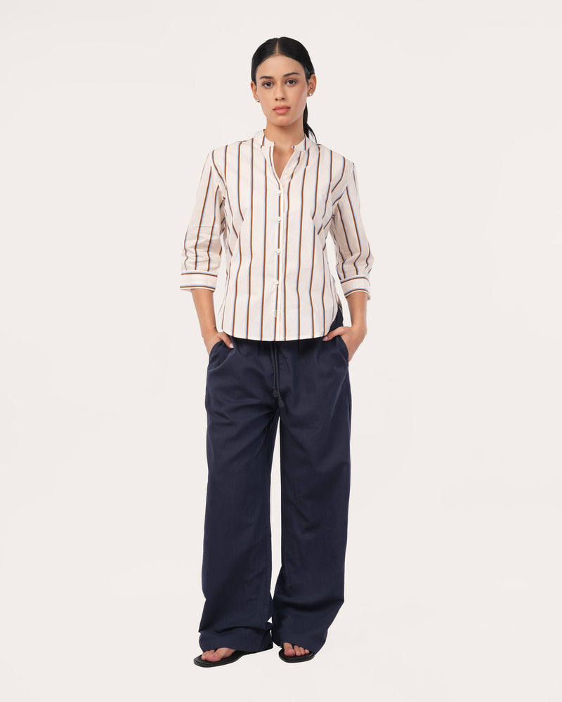 Cream Striped Poplin Shirt for Women