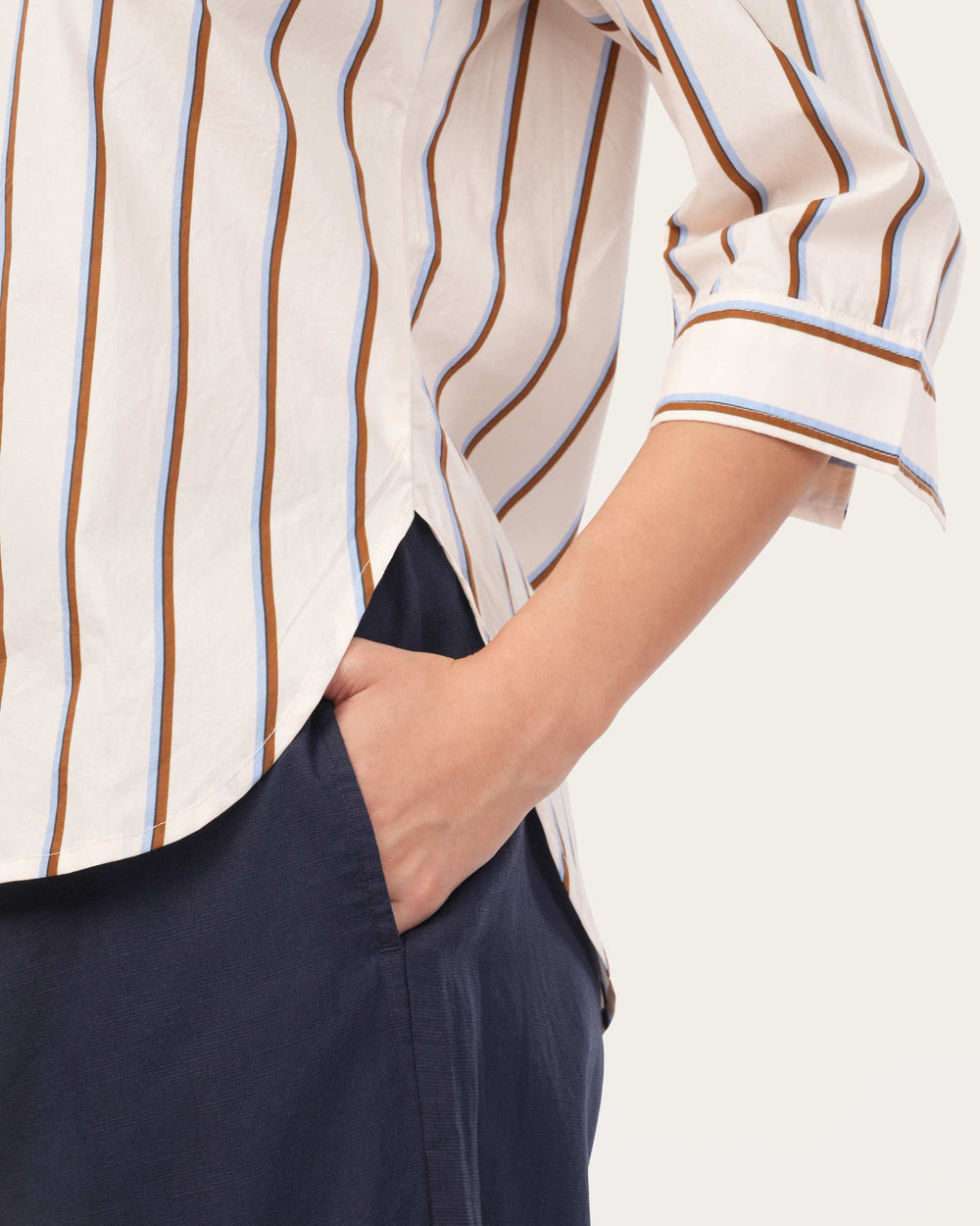 Cream Striped Poplin Shirt for Women