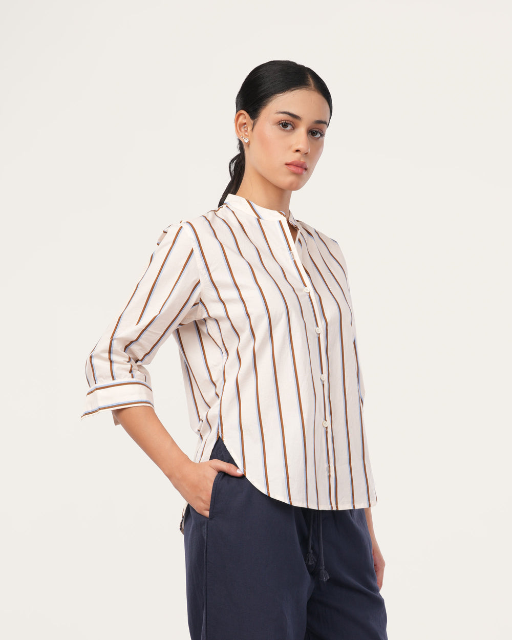 Cream Striped Poplin Shirt for Women