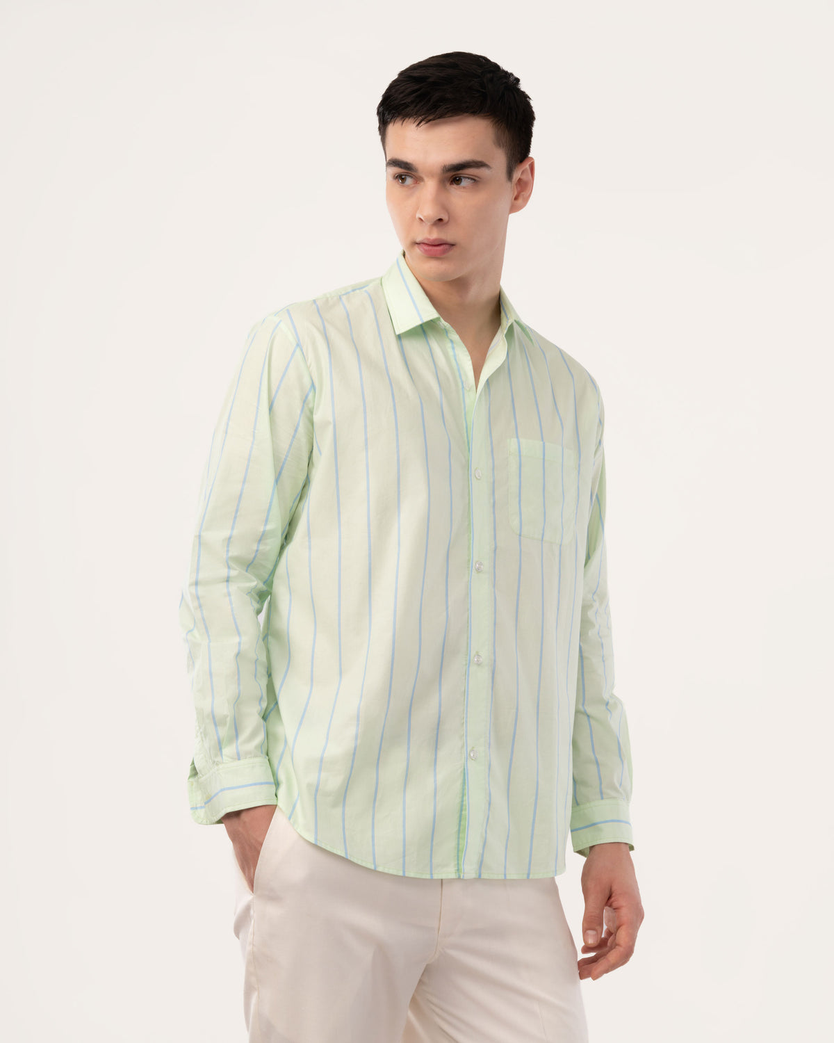 Light Green Striped Poplin Shirt for Men