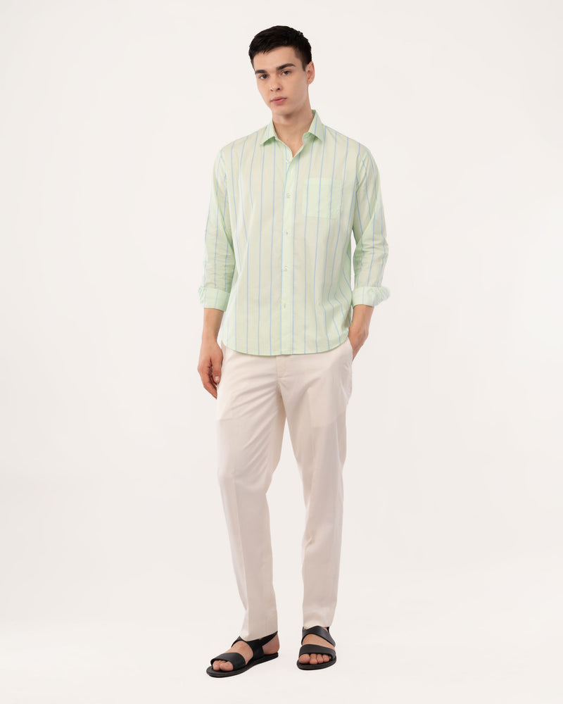 Light Green Striped Poplin Shirt for Men