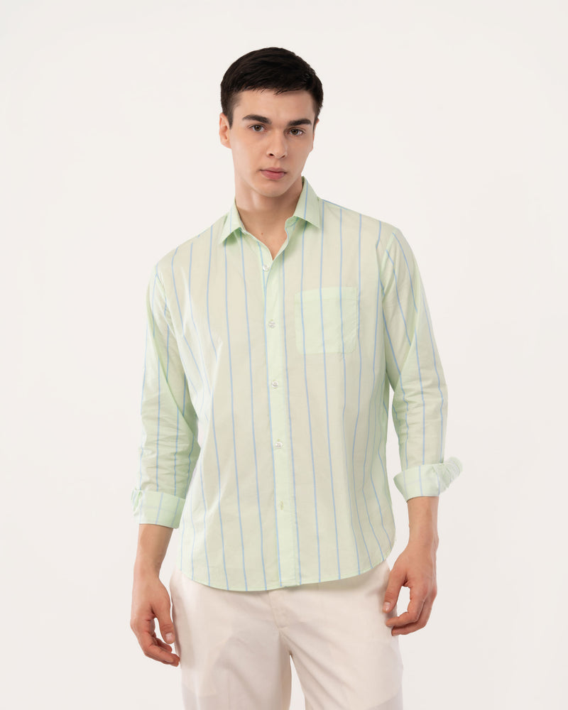 Light Green Striped Poplin Shirt for Men