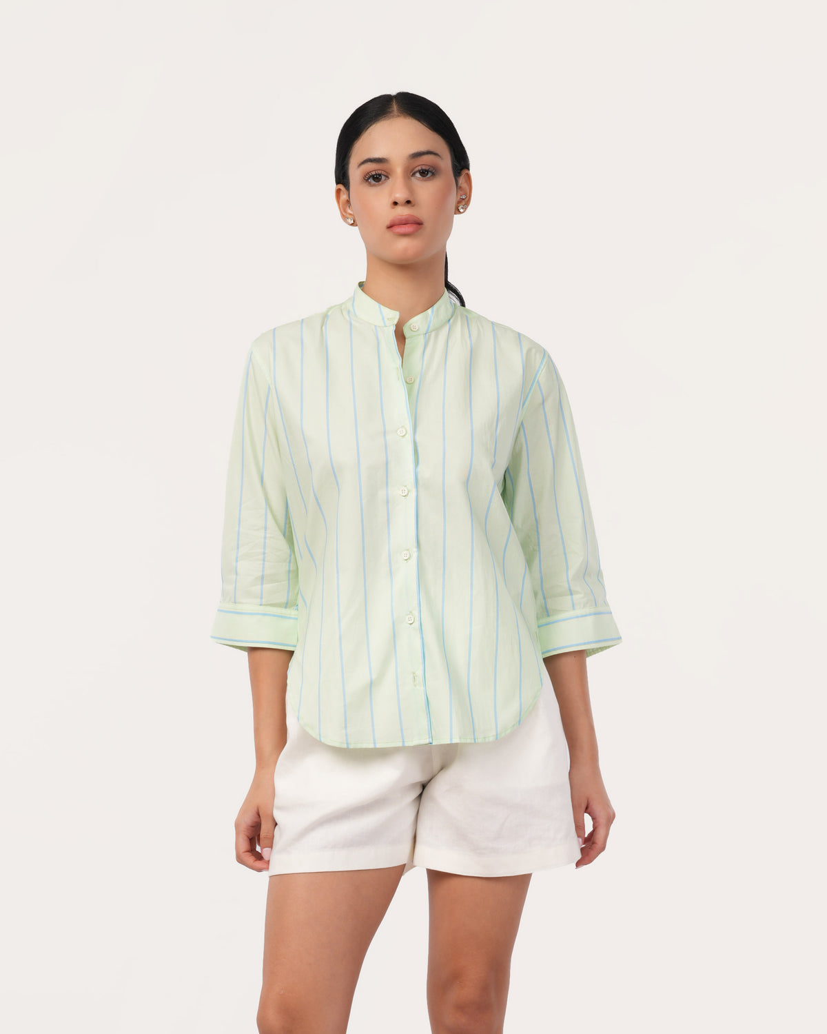 Light Green Striped Poplin Shirt for Women