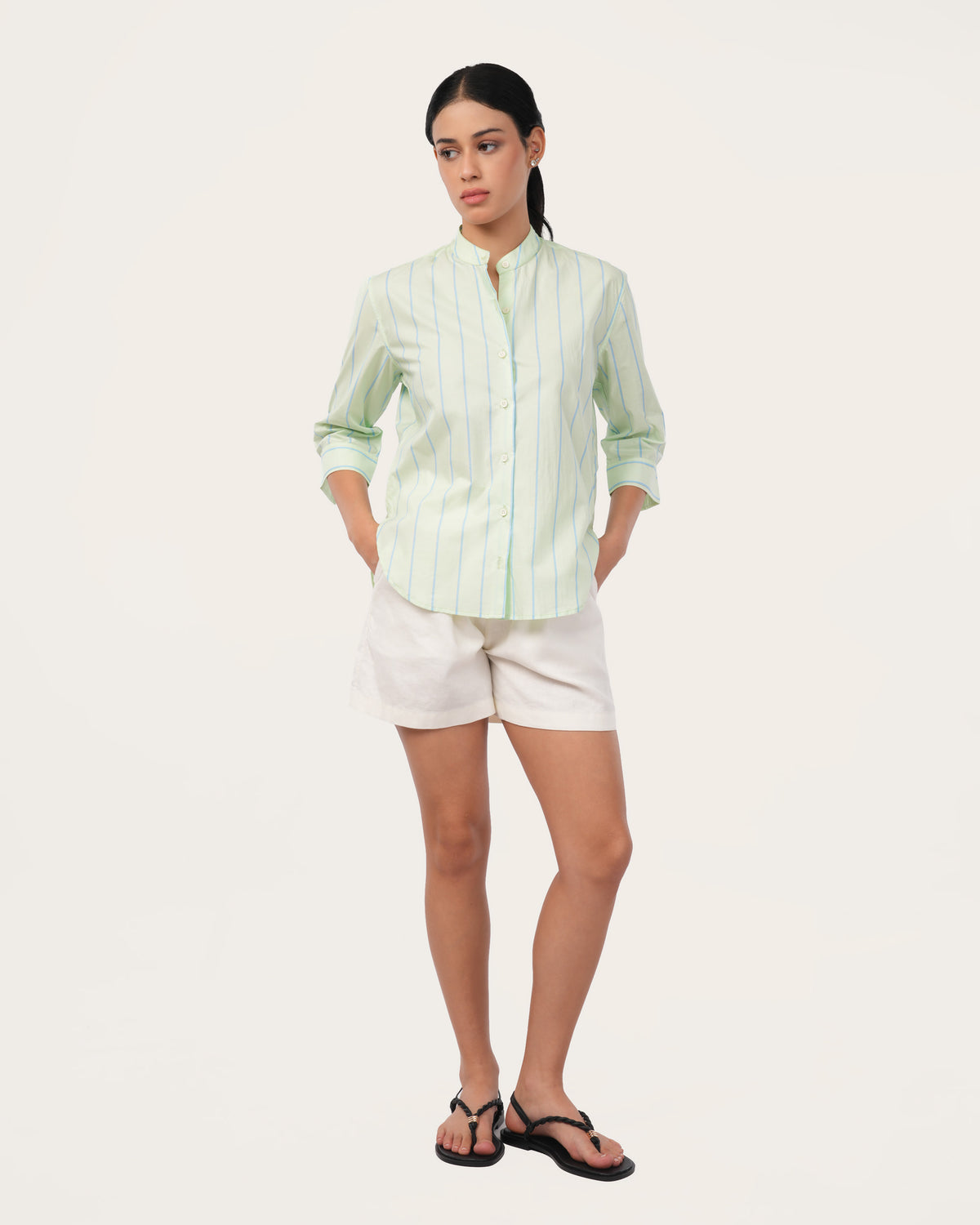 Light Green Striped Poplin Shirt for Women