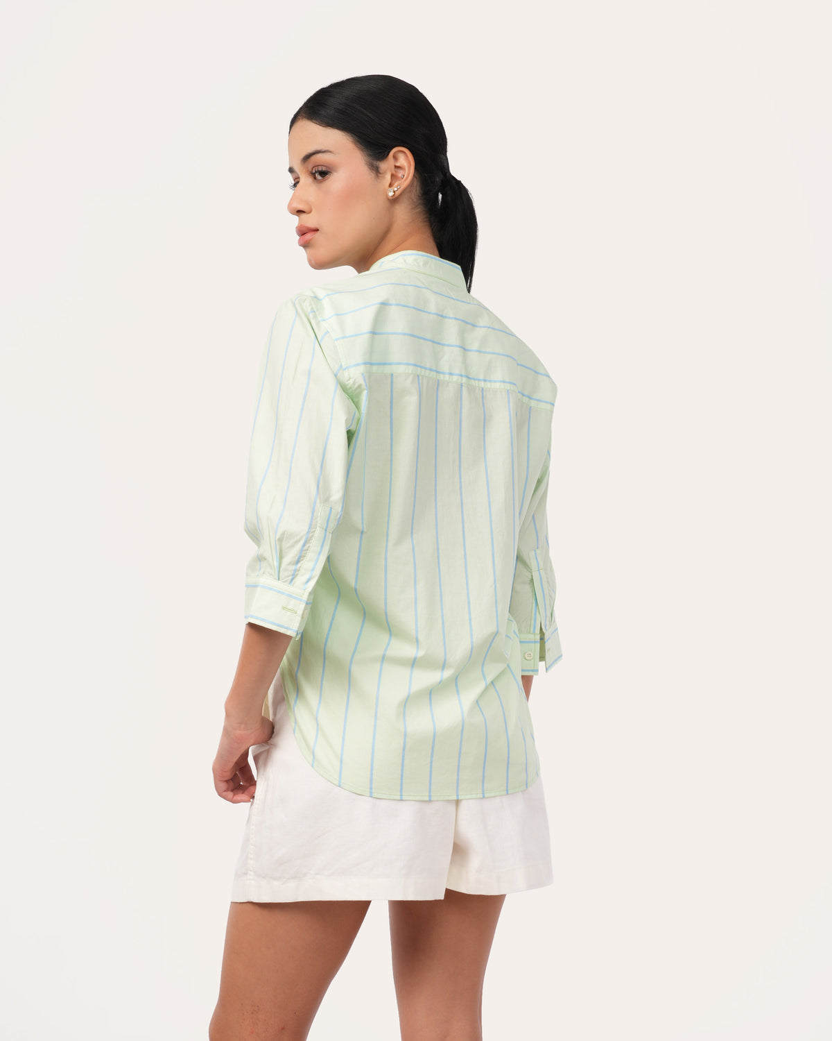 Light Green Striped Poplin Shirt for Women
