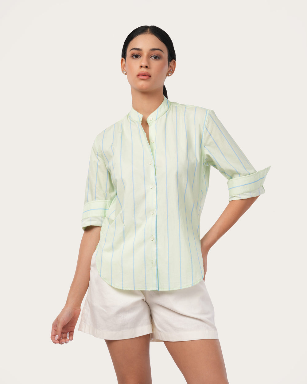 Light Green Striped Poplin Shirt for Women
