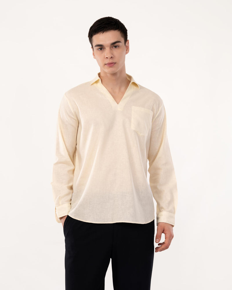 Light Yellow Linen Popover Shirt for Men