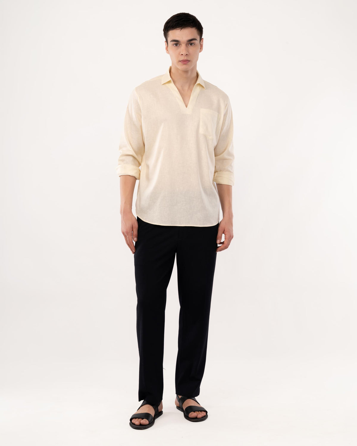 Light Yellow Linen Popover Shirt for Men