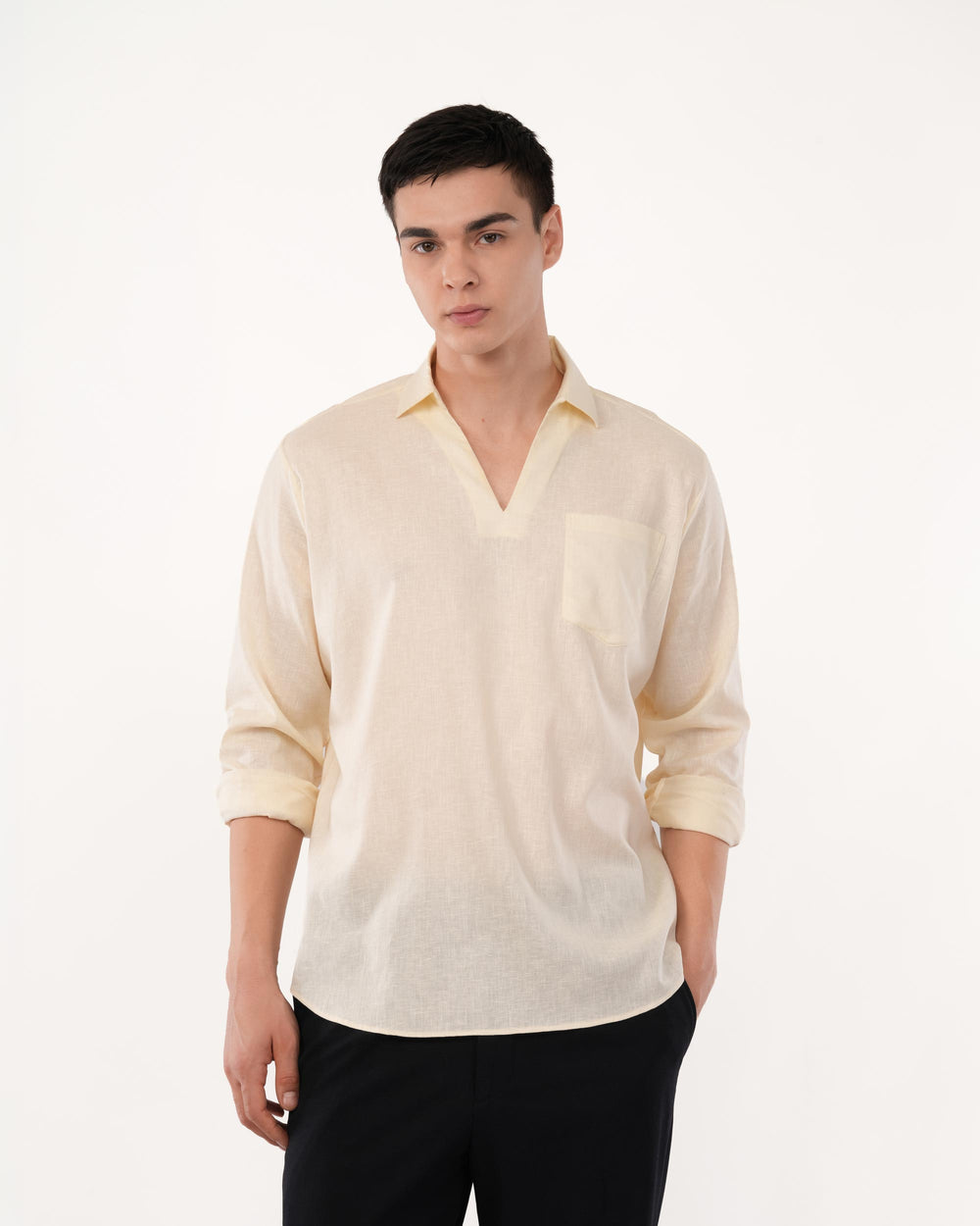 Light Yellow Linen Popover Shirt for Men