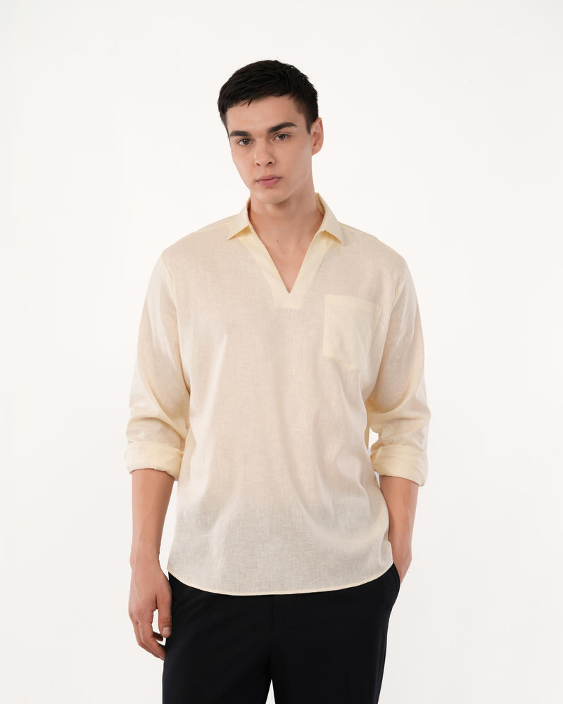 Light Yellow Linen Popover Shirt for Men