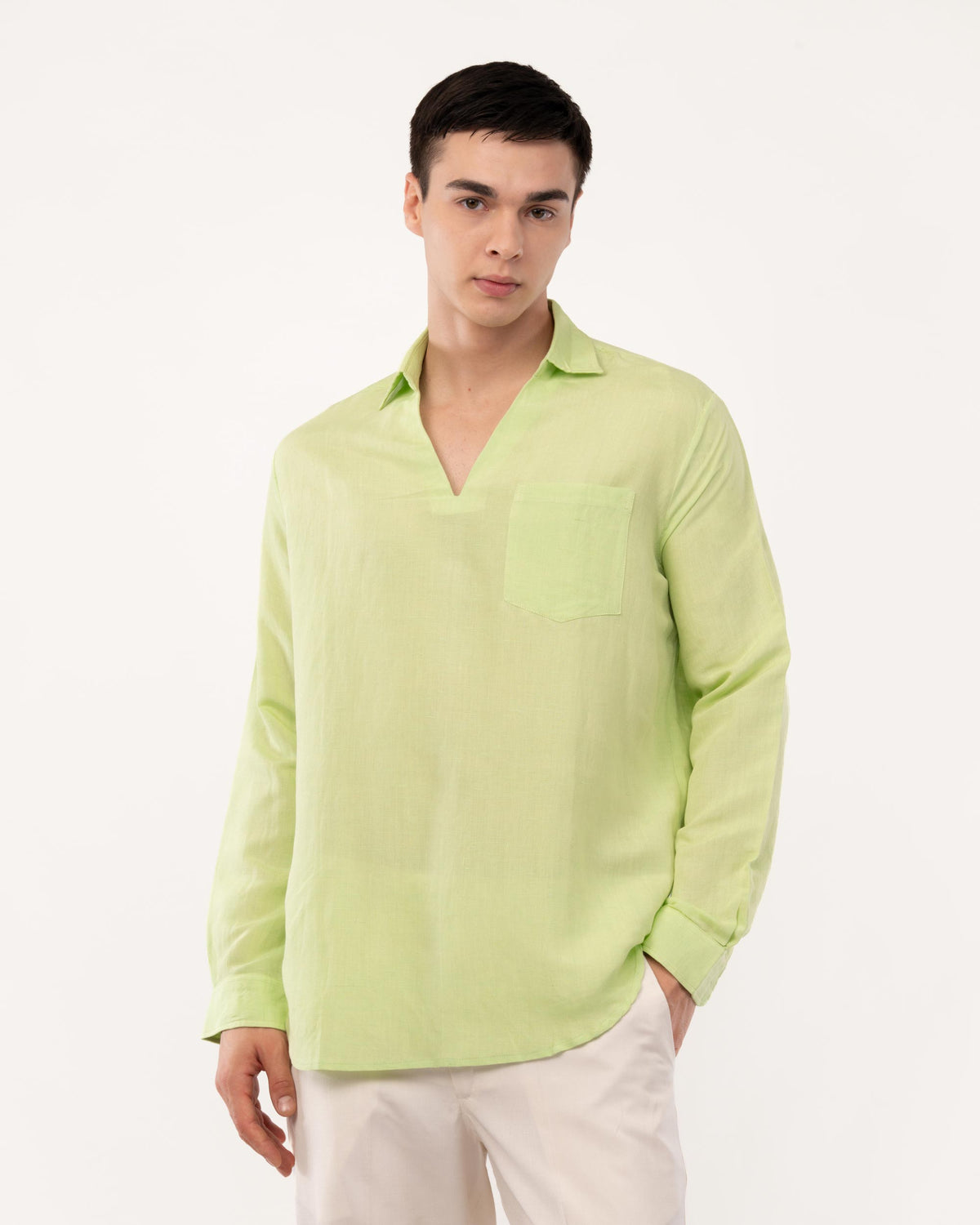 Lime Green Pure Linen Popover Shirt for Men