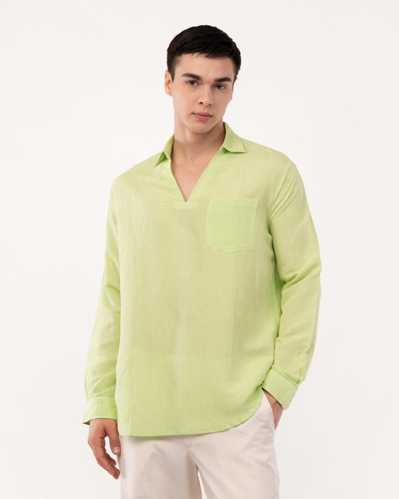 Lime Green Pure Linen Popover Shirt for Men