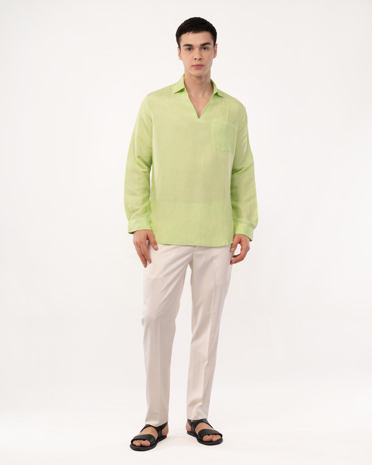 Lime Green Pure Linen Popover Shirt for Men