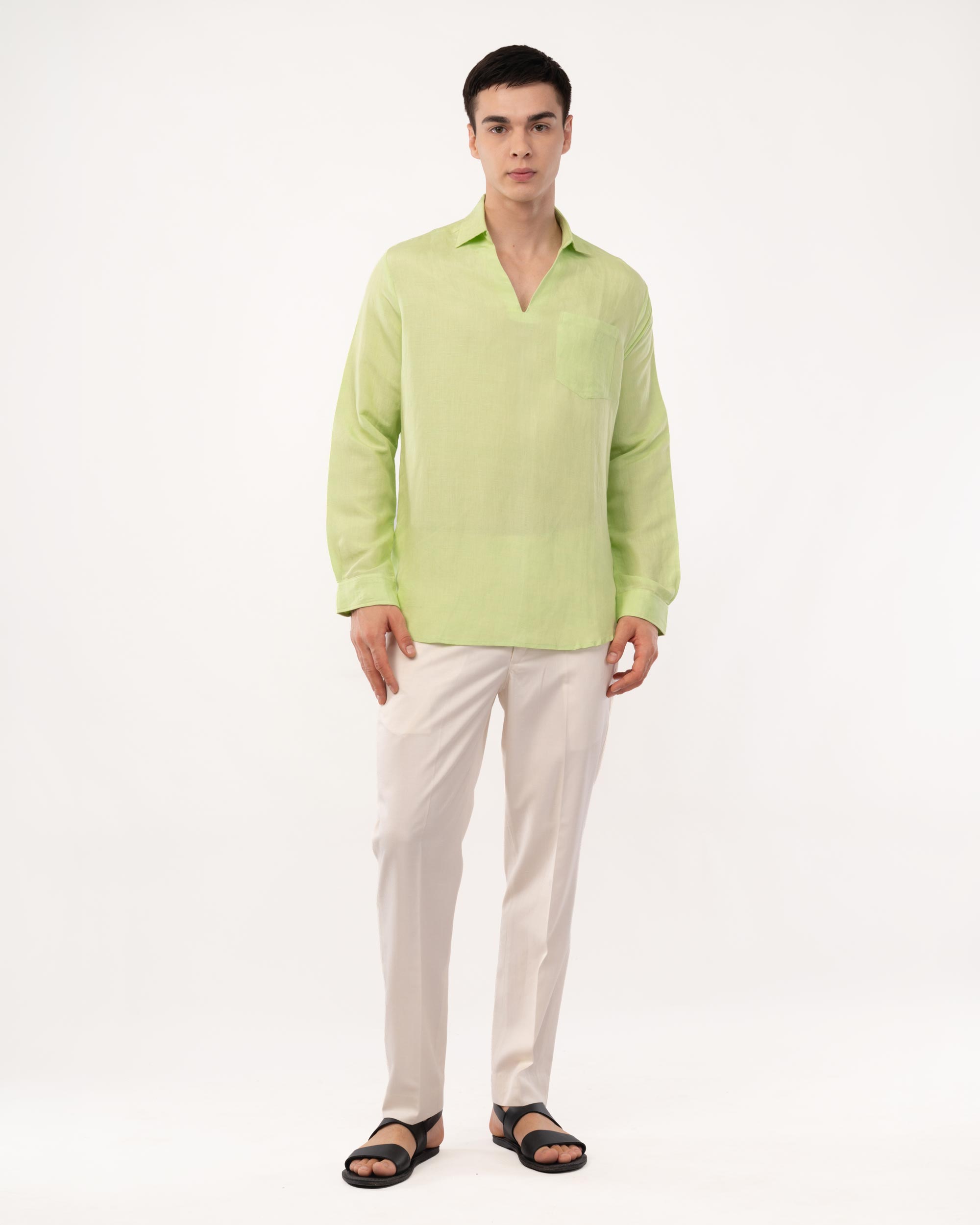 Lime Green Pure Linen Popover Shirt for Men