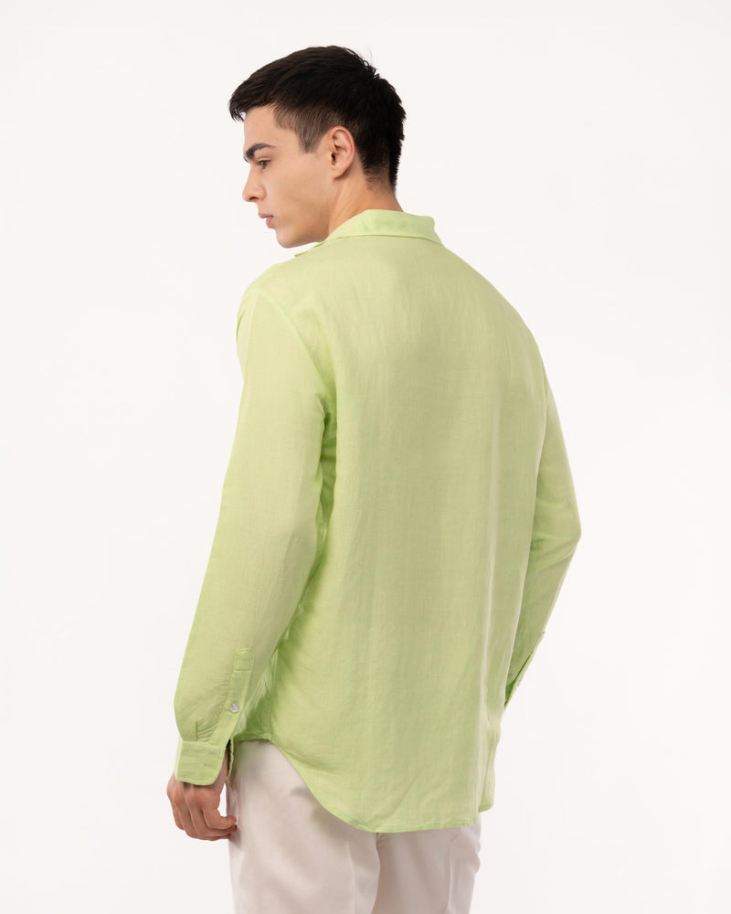 Lime Green Pure Linen Popover Shirt for Men