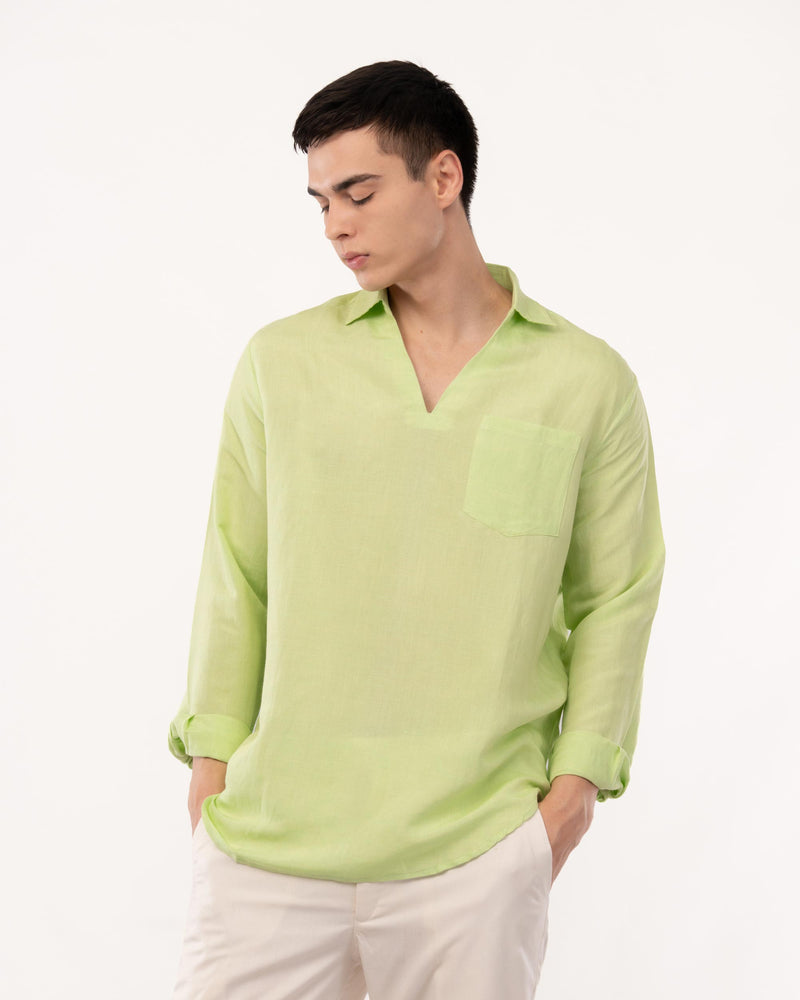 Lime Green Pure Linen Popover Shirt for Men